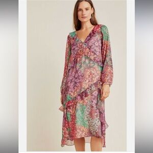 Maeve Anthropologie Sirena Ruffled Tunic
Dress S Floral Print V-Neck Boho Flowy